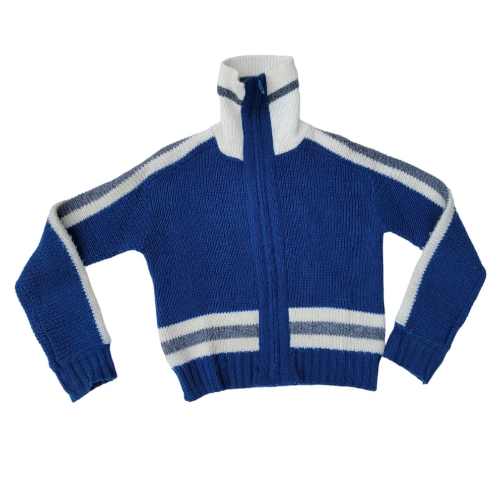 Vintage wool blue and white zip up turtleneck cardigan sweater